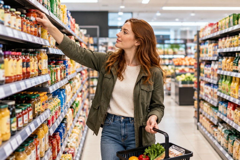 Retail customer shopping in supermarket aisle